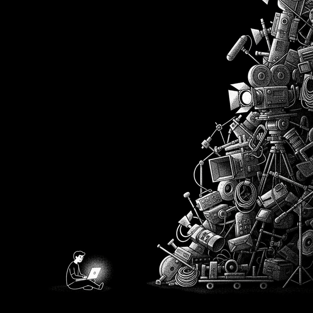 Person with laptop surrounded by complex video equipment and tools