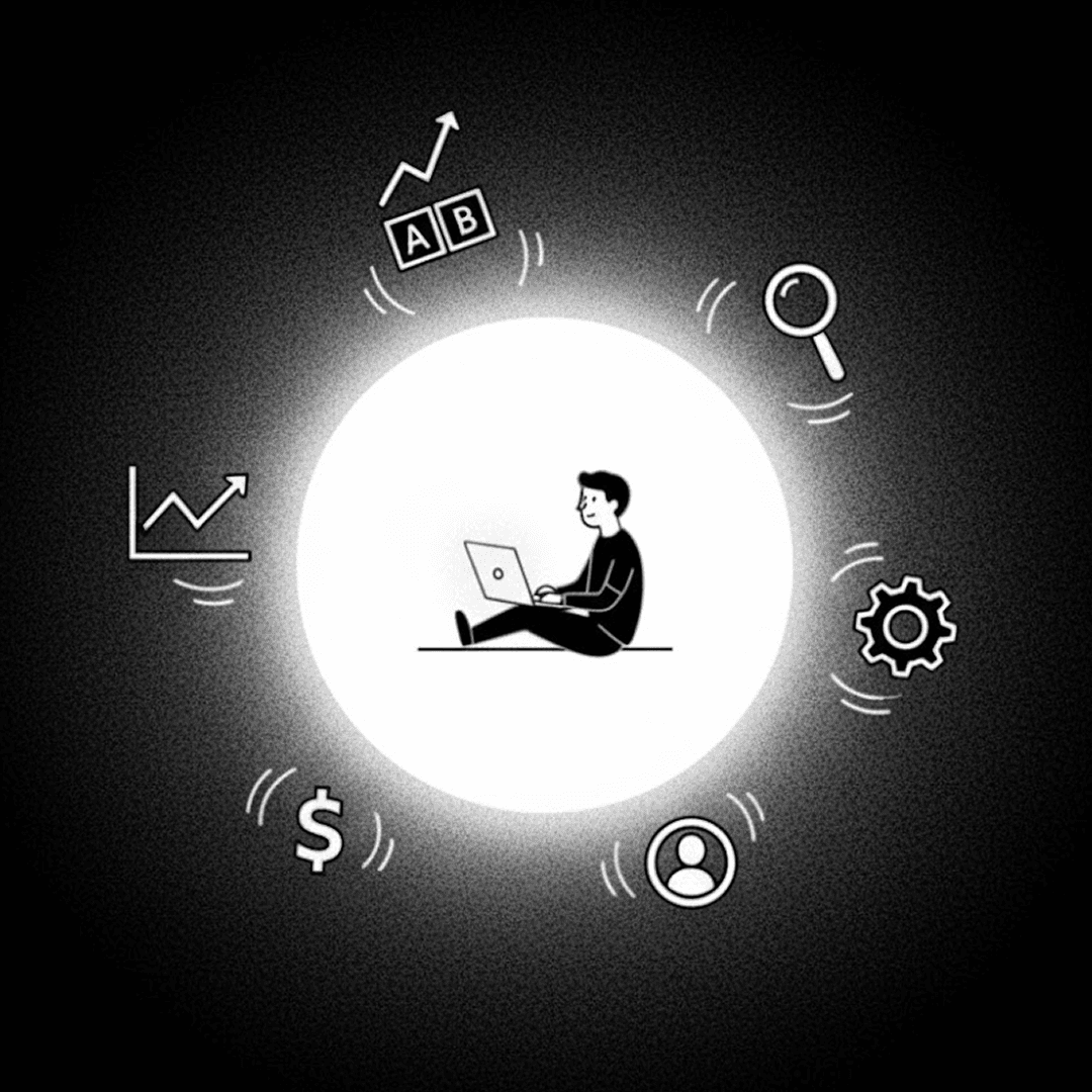 Creator surrounded by analytics, A/B testing, and research icons