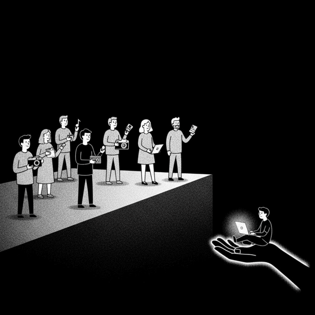 Group of diverse creators with one being lifted up and empowered